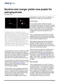 Neutron-Star Merger Yields New Puzzle for Astrophysicists 18 January 2018