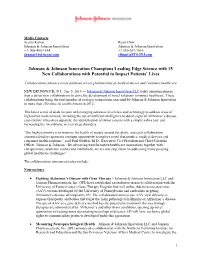 Johnson & Johnson Innovation Champions Leading Edge Science with 15 New Collaborations with Potential to Impact Patients'