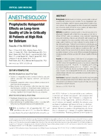 Prophylactic Haloperidol Effects on Long-Term Quality of Life In