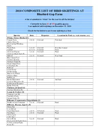 2010 COMPOSITE LIST of BIRD SIGHTINGS at Bluebird Gap Farm
