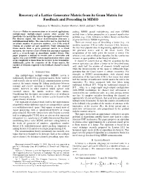 Recovery of a Lattice Generator Matrix from Its Gram Matrix for Feedback and Precoding in MIMO