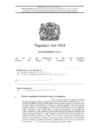 Vagrancy Act 1824 Is up to Date with All Changes Known to Be in Force on Or Before 12 August 2021
