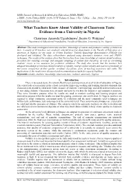 What Teachers Know About Validity of Classroom Tests: Evidence from a University in Nigeria