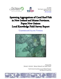 Spawning Aggregations of Coral Reef Fish in New Ireland and Manus Provinces, Papua New Guinea: Local Knowledge Field Survey Report
