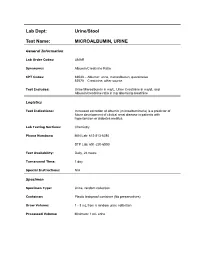 Lab Dept: Urine/Stool Test Name: MICROALBUMIN, URINE