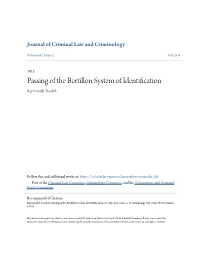 Passing of the Bertillon System of Identification Raymond B