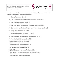 List of Journals with Electronic Table of Contents in Central, Eastern and Southern Europe Section Between June and August 2015