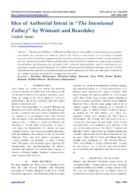 Idea of Authorial Intent in “The Intentional Fallacy” by Wimsatt and Beardsley Vaishali Anand