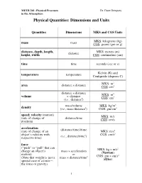Physical Quantities: Dimensions and Units