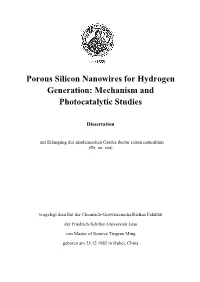 Porous Silicon Nanowires for Hydrogen Generation: Mechanism and Photocatalytic Studies