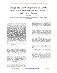 Design of a Low Voltage Class-AB CMOS Super Buffer Amplifier with Sub Threshold and Leakage Control Rakesh Gupta