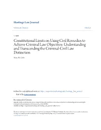 Constitutional Limits on Using Civil Remedies to Achieve Criminal Law Objectives: Understanding and Transcending the Criminal-Civil Law Distinction Mary M