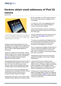 Hackers Obtain Email Addresses of Ipad 3G Owners 9 June 2010