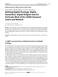 Defining Digital Theology: Digital Humanities, Digital Religion and the Particular Work of the CODEC Research Centre and Network