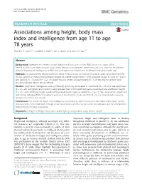 Associations Among Height, Body Mass Index and Intelligence from Age 11 to Age 78 Years Mathew A