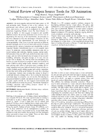 Critical Review of Open Source Tools for 3D Animation
