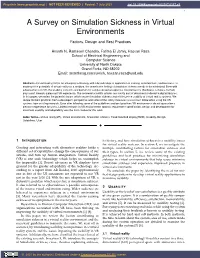 A Survey on Simulation Sickness in Virtual Environments