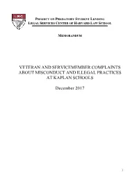 Veteran and Servicemember Complaints About Misconduct and Illegal Practices at Kaplan Schools