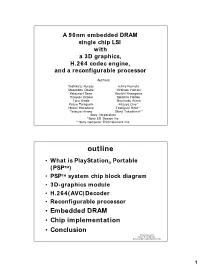 3D-Graphics Module • H.264(AVC)Decoder • Reconfigurable Processor • Embedded DRAM • Chip Implementation • Conclusion Sony Corporation Sony LSI Design Inc