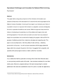 Operational Challenges and Innovation for National Web Archiving