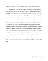 Aristotle's Prime Matter: an Analysis of Hugh R. King's Revisionist