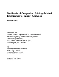 Synthesis of Congestion Pricing-Related Environmental Impact Analyses