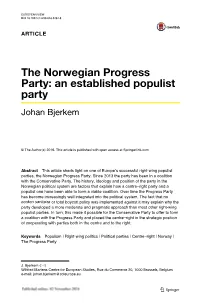 The Norwegian Progress Party: an Established Populist Party Johan Bjerkem