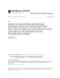 EFFECTS of POSTTRANSLATIONAL MODIFICATION of TRANSCRIPTION FACTOR GLI-SIMILAR 3 by SUMOYLATION on INSULIN TRANSCRIPTION in PANCREATIC Β CELLS Tyler M