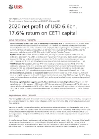 2020 Net Profit of USD 6.6Bn, 17.6% Return on CET1 Capital