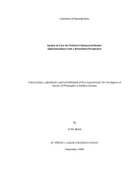 University of Nevada Reno System of Care for Children's Behavioral Health: Implementation from a Networked Perspective A