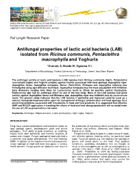 Antifungal Properties of Lactic Acid Bacteria (LAB) Isolated from Ricinus Communis , Pentaclethra Macrophylla and Yoghurts