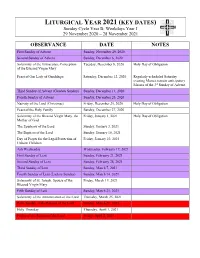 LITURGICAL YEAR 2021 (KEY DATES) Sunday Cycle Year B; Weekdays Year I 29 November 2020 – 28 November 2021