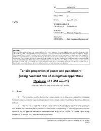 Tensile Properties of Paper and Paperboard (Using Constant Rate of Elongation Apparatus) (Revision of T 494 Om-01)