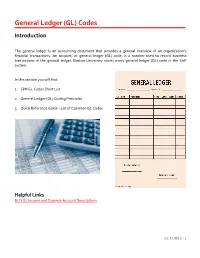 General Ledger (GL) Codes
