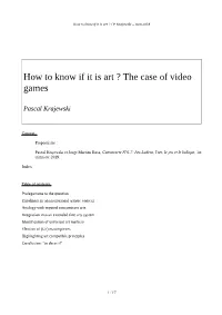 How to Know If It Is Art ? the Case of Video Games