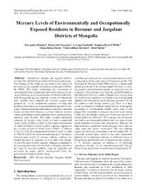 Mercury Levels of Environmentally and Occupationally Exposed Residents in Bornuur and Jargalant Districts of Mongolia