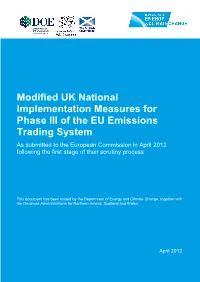 Modified UK National Implementation Measures for Phase III of the EU Emissions Trading System
