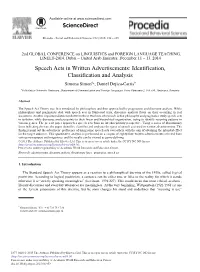 Speech Acts in Written Advertisements: Identification, Classification and Analysis a a Simona Simon *, Daniel Dejica-Cartis