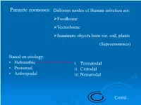 Parasitc Zoonoses: Different Modes of Human Infection Are: Foodborne Vectorborne Inanimate Objects Born Viz