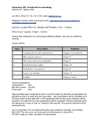 Astronomy 405: Introduction to Cosmology Section A01, Spring 2018