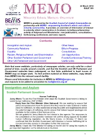 MEMO Is Produced by the Scottish Council of Jewish Communities in Partnership with BEMIS - Empowering Scotland's Ethnic and Cultural