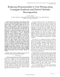 Reducing Dimensionality in Text Mining Using Conjugate Gradients and Hybrid Cholesky Decomposition