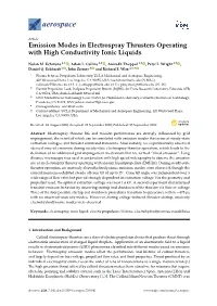 Emission Modes in Electrospray Thrusters Operating with High Conductivity Ionic Liquids