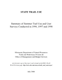 Summary of Summer Trail Use and User Surveys Conducted in 1996, 1997 and 1998