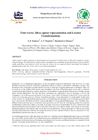 Four-Vector, Dirac Spinor Representation and Lorentz Transformations