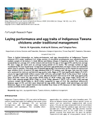 Laying Performance and Egg Traits of Indigenous Tswana Chickens Under Traditional Management