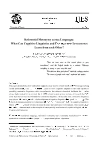 Referential Metonymy Across Languages: What Can Cognitive Linguistics and CONTRASTIVELINGUISTICS Learn from Each Other?