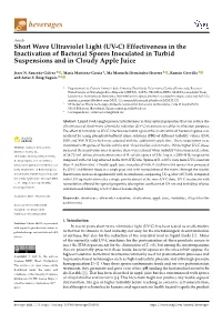 UV-C) Effectiveness in the Inactivation of Bacterial Spores Inoculated in Turbid Suspensions and in Cloudy Apple Juice