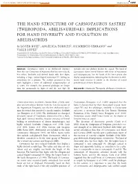 The Hand Structure of Carnotaurus Sastrei (Theropoda, Abelisauridae): Implications for Hand Diversity and Evolution in Abelisaurids