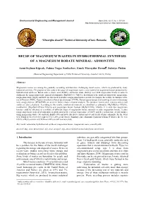 Reuse of Magnesium Wastes in Hydrothermal Synthesis of a Magnesium Borate Mineral: Admontite